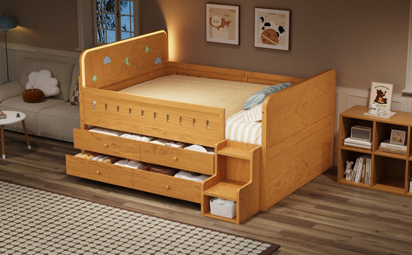 English Elm Wooden Full Bed Frame with Led Headboard Four Storage Drawers and Ladder Shelf Wood N7090004028D