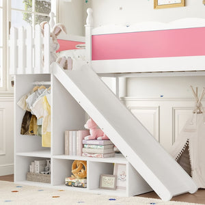 English Elm Twin Loft Bed Solid Pine Frame with Wardrobe Shelving Detachable Slide Kids Room Pink+White W5305S00016