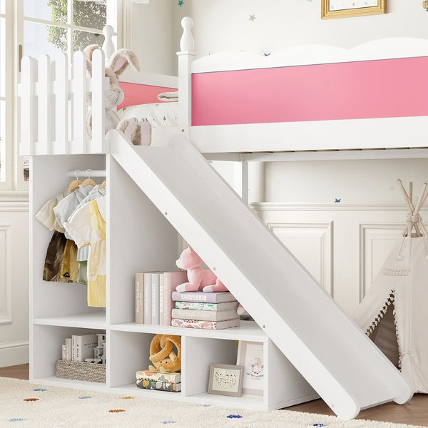 English Elm Twin Loft Bed Solid Pine Frame with Wardrobe Shelving Detachable Slide Kids Room Pink+White W5305S00016