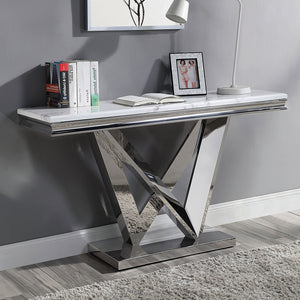 English Elm Glam Luxurious Sofa Table with Faux Marble Beveled Top and Curved Pedestal Base for Elegant Living Rooms Chrome 59 L x 20 W x 4 H B2741S00435