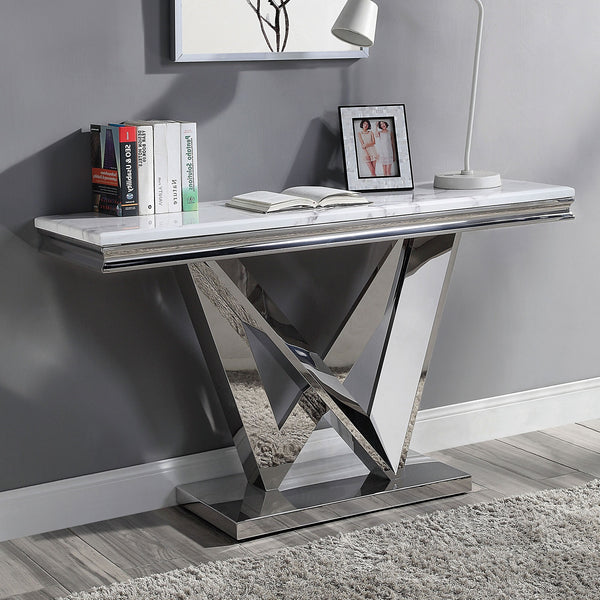 English Elm Glam Luxurious Sofa Table with Faux Marble Beveled Top and Curved Pedestal Base for Elegant Living Rooms Chrome 59 L x 20 W x 4 H B2741S00435