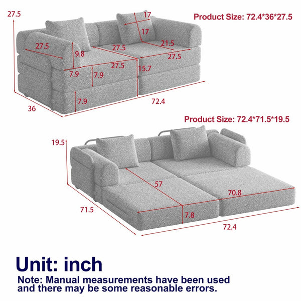 English Elm 72.4-inch Chenille Convertible Floor Sofa Bed with Storage Pockets and Modular Design W3505P355564