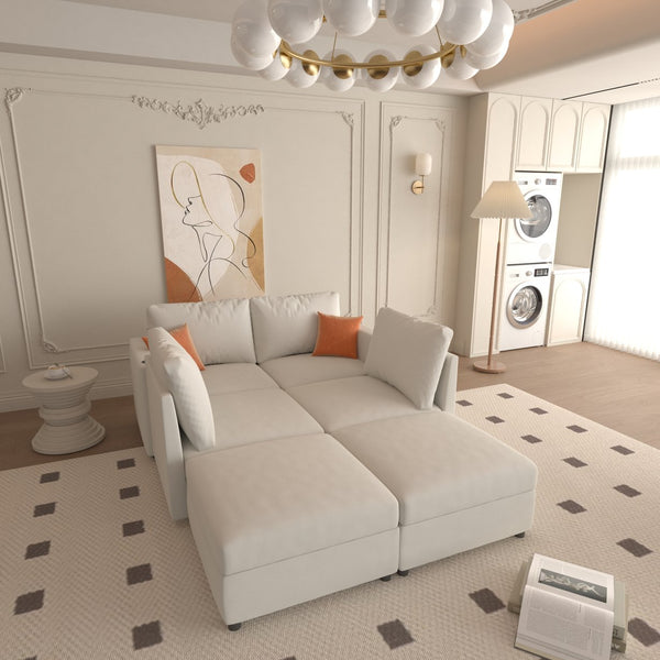 English Elm Modern Large Sectional Sofa U-Shaped 123" Modular Sofa Bed with Ottoman Storage, Plush Chenille Comfort Antique White W680S00010