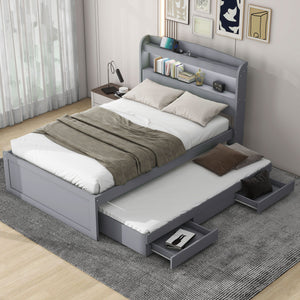 English Elm Twin XL Platform Bed with LED Headboard, Built-In Charging Station, Trundle & 2 Drawers for Space-Saving Bedrooms Gray GX001829AAE