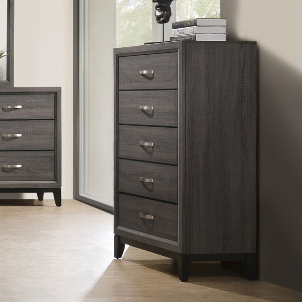 English Elm Contemporary Chic Chest with Gold Accents, Acrylic Trim, Metal Bracket Legs and Dust‑Proof Drawers Gray 34 L x 19 W x 50 H B2741P371022