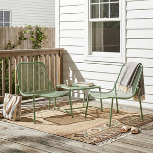English Elm Kincaid Outdoor Iron Mesh Conversation Set Rust Resistant Patio Chairs with Side Table Matte Green N775P392159G
