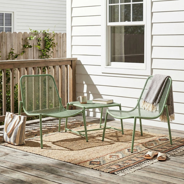 English Elm Kincaid Outdoor Iron Mesh Conversation Set Rust Resistant Patio Chairs with Side Table Matte Green N775P392159G