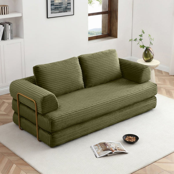 English Elm Convertible Floor Sofa Futon with Corduroy Upholstery for Living Room Lounging and Sleeping Green W1117P434729