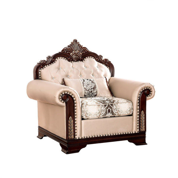 English Elm Dark Dark Cherry Beige Traditional Accent Chair 47.5"W Rolled Arms Curved Details Elegant Seating B2741S00593