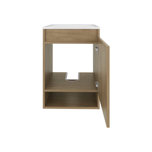 English Elm Wright Compact Wall-Mounted Bathroom Vanity with Integrated Sink, 2 Doors, Open Shelf, Oak Finish B128S00193