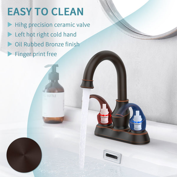 English Elm Oil Rubbed 2-Handle Crescent Moon Bathroom Faucet 4" Centerset with 360° Swivel, Pop-Up Drain & Hoses T3177P277488