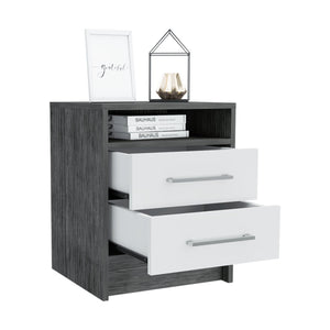 English Elm Philadelphia Nightstand Smokey Oak White – Elegant 2-Drawer Bedside Table with Concealed Shelf, Metal Pulls B128P148955