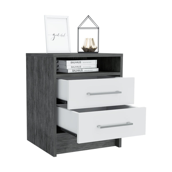 English Elm Philadelphia Nightstand Smokey Oak White – Elegant 2-Drawer Bedside Table with Concealed Shelf, Metal Pulls B128P148955