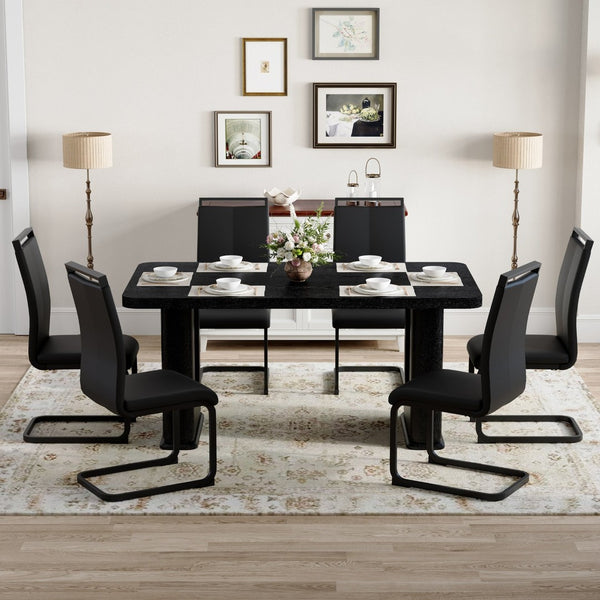 English Elm Table 7-Piece Dining Set: Stylish Black Wood & Glass Finish With 6 Comfortable Pu Chairs & Arched Legs W1151S04305-GIGA