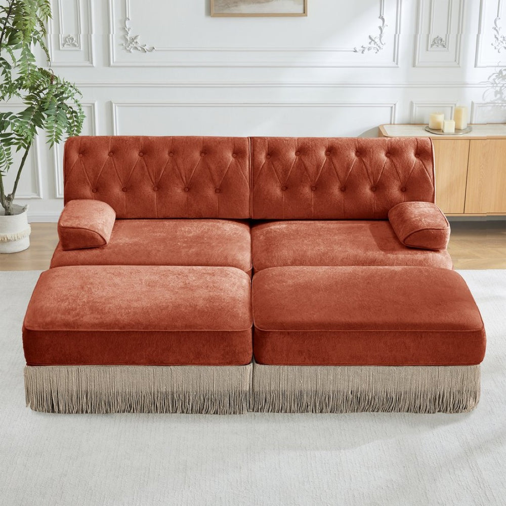 English Elm With Tufted Velvet Sectional Sofa Two Ottomans Tassel Skirt French Chesterfield Living Room Red+Brown W714S01746
