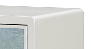 English Elm Ansaldo Pearl White Console Cabinet with Silver Shimmer, French Provincial Glass Doors & Turned Legs B2726P285786