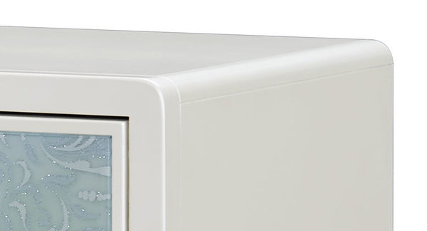 English Elm Ansaldo Pearl White Console Cabinet with Silver Shimmer, French Provincial Glass Doors & Turned Legs B2726P285786