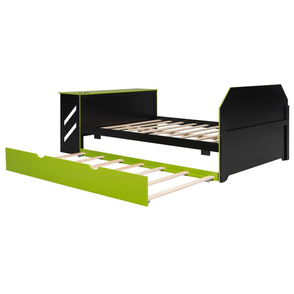 English Elm Full Size Wood Daybed with Twin Trundle Desk and Usb Charging for Teen Rooms Green LT000262AAG