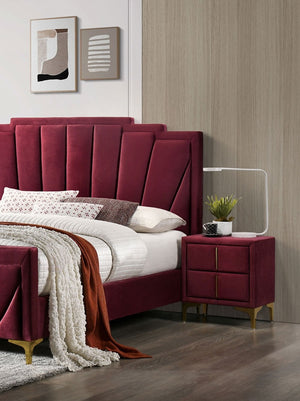 English Elm Red Glam Nightstand with Gold-Coated Legs, Fully Upholstered Flannelette Bedside Table, 22"W x 24"H B2741P350273