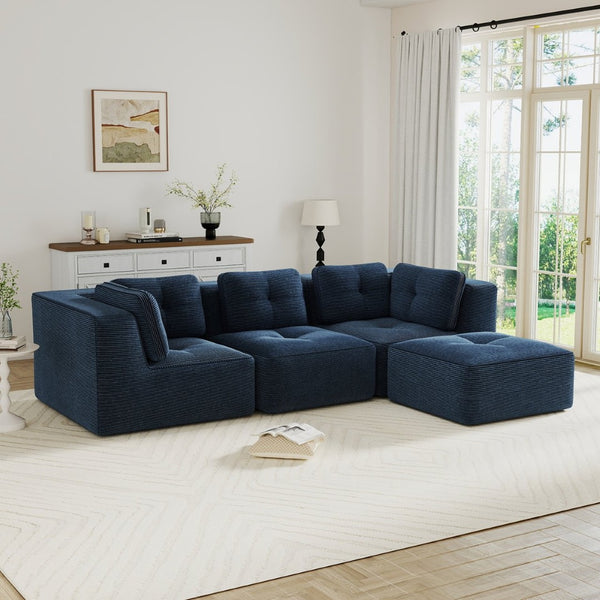English Elm Modern Corduroy Sectional Sofa Tufted 3 Seater with Movable Ottoman Deep Seat Blue W714S01802