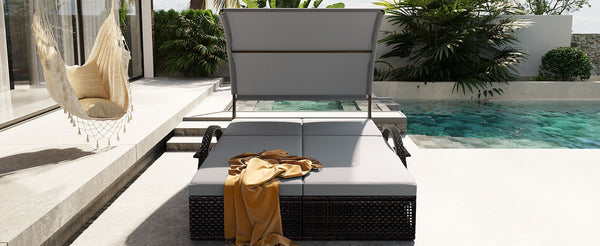 English Elm U_style Outdoor Double Sun Lounger Hdpe Wicker Steel Frame with Canopy Pop up Tables Gray WY000485AAE
