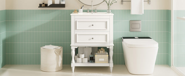 English Elm 24'' Retro Bathroom Vanity Mdf Cabinet with Ceramic Sink Open Shelf and 2 Drawers White N710P405414K
