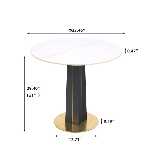 English Elm Modern Round Table - 85Cm White Sintered Stone Top With Black Wooden Legs & Gold Metal Base Design W1535S00590