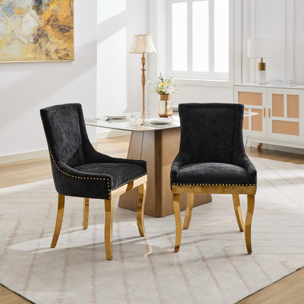 English Elm Chenille Plush Dining Chair with Curved Gold-Plated Legs, Rivet Trim, Textured Upholstery Comfort Black W1143P332685