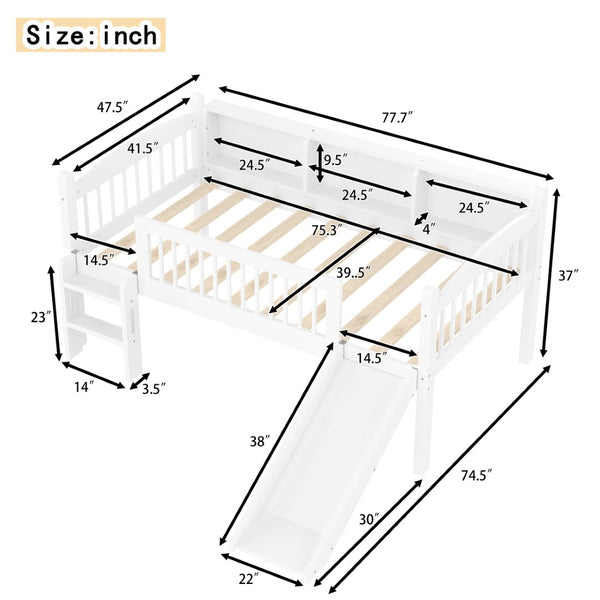 English Elm Twin Low Loft Bed Solid Pine Frame with Built-in Led Lighting and Storage Shelves Light White W1580P395928