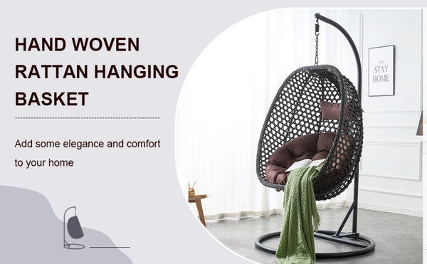 English Elm Egg Swing Chair Freestanding Woven Rattan Basket Seat with Cushion for Patio Bedroom W1512P494633