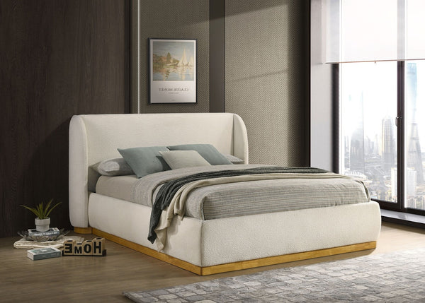 English Elm 1pc Queen Platform Bed Boucle Wingback Headboard Gold Plinth Base Modern Bedroom B2741S00839