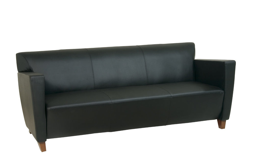 OSP Home Furnishings Black Bonded Leather Club Sofa with Cherry Legs Plush Seating for Modern Living Rooms SL8473