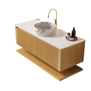 English Elm Hizon 48" Wall-Mounted Bathroom Vanity With Sintered Stone Top & Soft-Close Drawers, Corolla Oak Finish W2615S00480