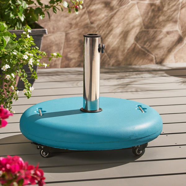 English Elm Wheelie Concrete Outdoor Umbrella Base with Locking Casters for Patio Stability Teal 60454.00TEL