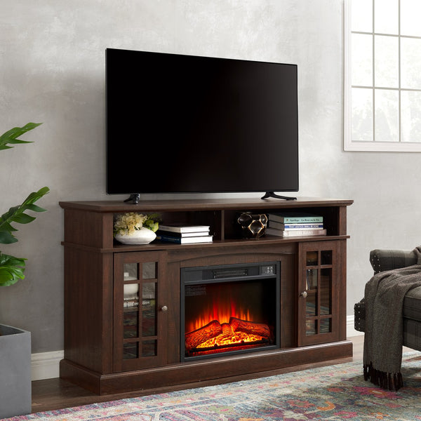 English Elm Classic TV Media Stand with 23" Electric Fireplace Insert, 65" TV Support, Ample Storage & Cable Management Espresso W2275S00015
