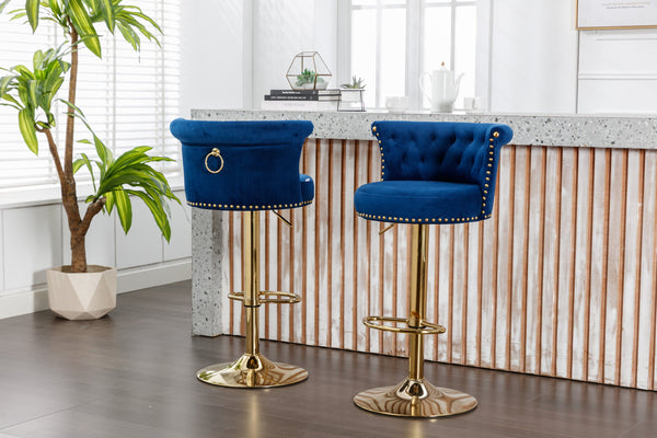 English Elm UNITED Velvet 360° Rotating Bar Chair with Diamond Stitching, Gold Frame, Plush Foam Seat, Adjustable Height Navy W1568P361717