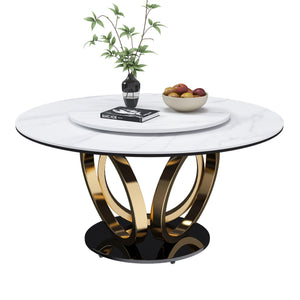 English Elm 53" Round Dining Table With 360° Lazy Susan - Stain & Heat Resistant Sintered Stone For Modern Spaces W2699S00032