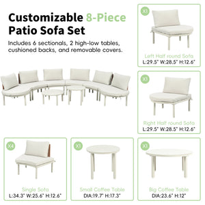 English Elm TOPMAX 8-Piece Patio Sofa Set with Modular Half-Moon Sectionals, Tempered Glass Tables, Cushioned Komfort Beige SP100029AAA