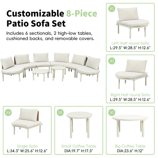 English Elm TOPMAX 8-Piece Patio Sofa Set with Modular Half-Moon Sectionals, Tempered Glass Tables, Cushioned Komfort Beige SP100029AAA