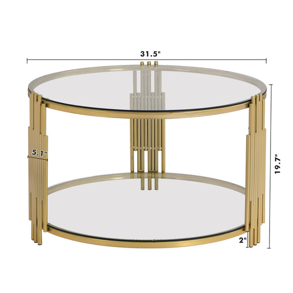 English Elm Modern Glass Coffee Table 31.5" – Asymmetrical Gold Metal Drum Base, Tempered Clear Top & Lower Shelf N735P177478K
