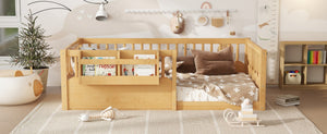 English Elm Twin Low Profile Kids Floor Bed Pine Wood Frame with Safety Rail and Built in Bookshelf Natural W1580P373137