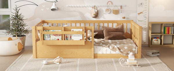 English Elm Twin Low Profile Kids Floor Bed Pine Wood Frame with Safety Rail and Built in Bookshelf Natural W1580P373137