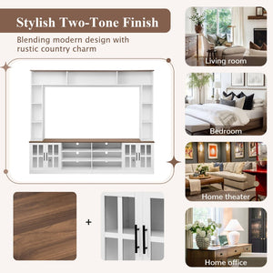 English Elm 95.5" Wide Modern Farmhouse Wall Unit with Tempered Glass Cabinets and Bookshelf Storage White SJ000157AAK