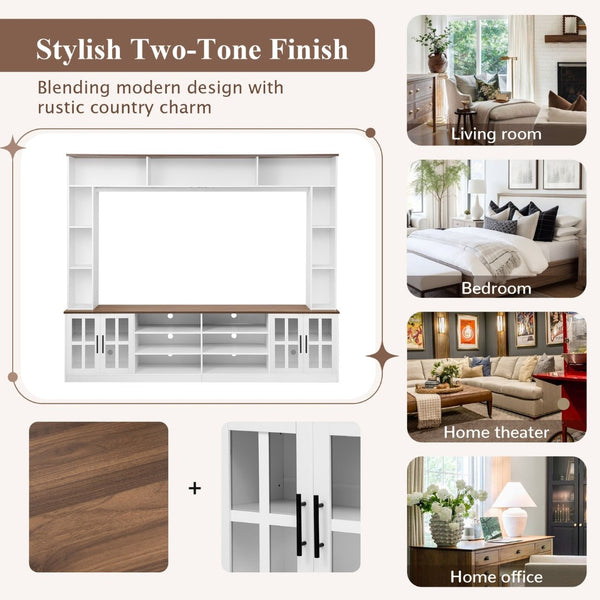 English Elm 95.5" Wide Modern Farmhouse Wall Unit with Tempered Glass Cabinets and Bookshelf Storage White SJ000157AAK