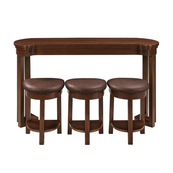 English Elm 4 Piece Bar Table Set with 3 Padded PU Stools, Solid Pine Legs, Oak Veneer Top, Rustic Rivet Accents Cherry W1202P289363