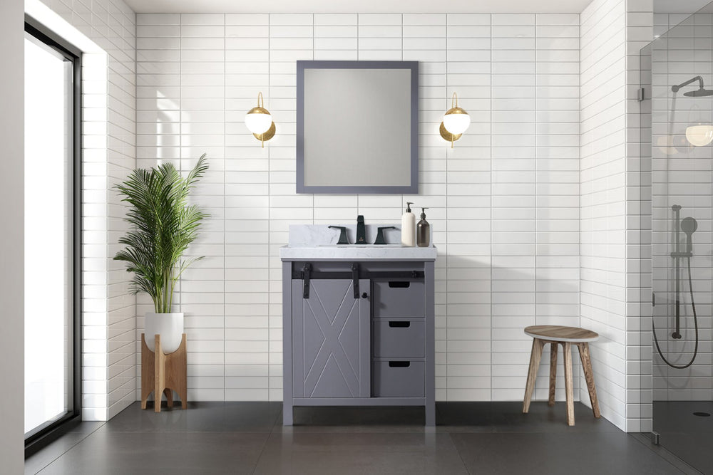 English Elm Dark Grey 30" Bath Vanity with Carrara Marble Top, Soft-Close Drawers, Matte Black Faucet Set B2731P260102
