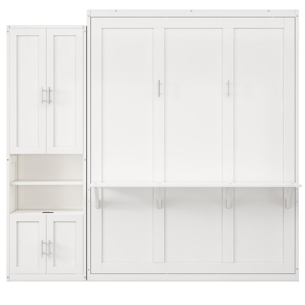English Elm Full Murphy Bed with Side Cabinet, Desk Combo, USB Charging, Adjustable Shelves, 600lb Capacity, White BS7012008109C