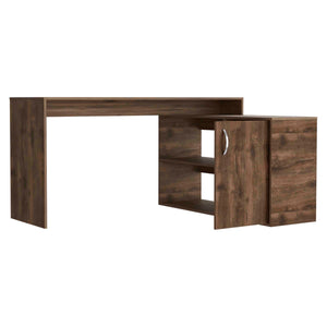 English Elm Antlia Brown L-Shaped Writing Desk with Single Door Cabinet and Two Shelves, 59.6" x 25.4" B128S00160