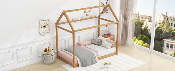 English Elm Twin Size Wooden House Bed with Pine & MDF Frame, Low Height Safety Design, Easy Assembly, 400lb Capacity N716P227423D