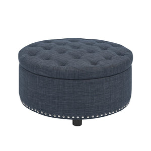 English Elm Tufted Linen Square Ottoman with Lift Top Storage Nailhead Trim Living Room Dark Blue B2748P481672